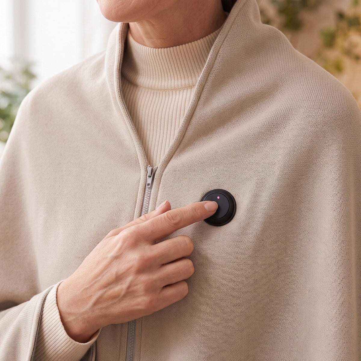 Bouton du poncho chauffant pour régler les 3 niveaux de chaleur, voyant allumé