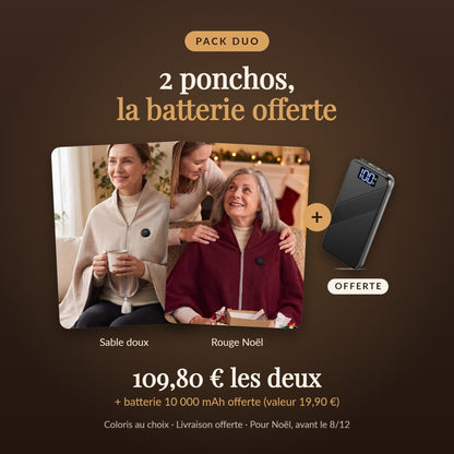 Pack Duo : 2 ponchos chauffants Sable doux et Rouge Noël avec batterie 10 000 mAh offerte, 109,80 €