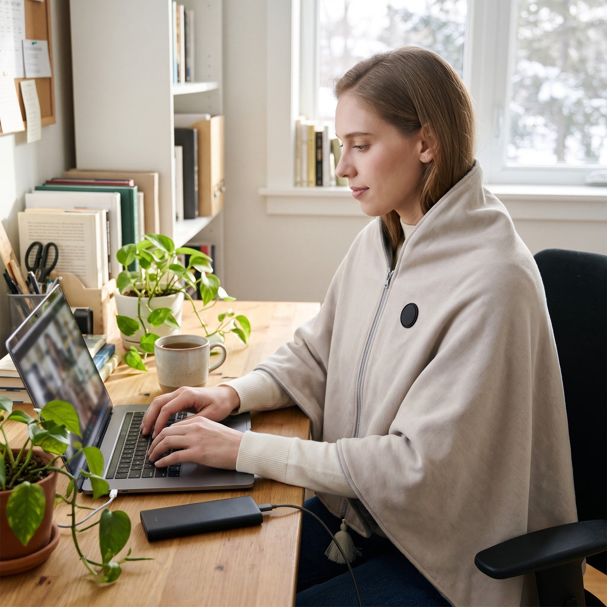 Poncho chauffant porté en télétravail, alimenté par une batterie USB-C posée sur le bureau